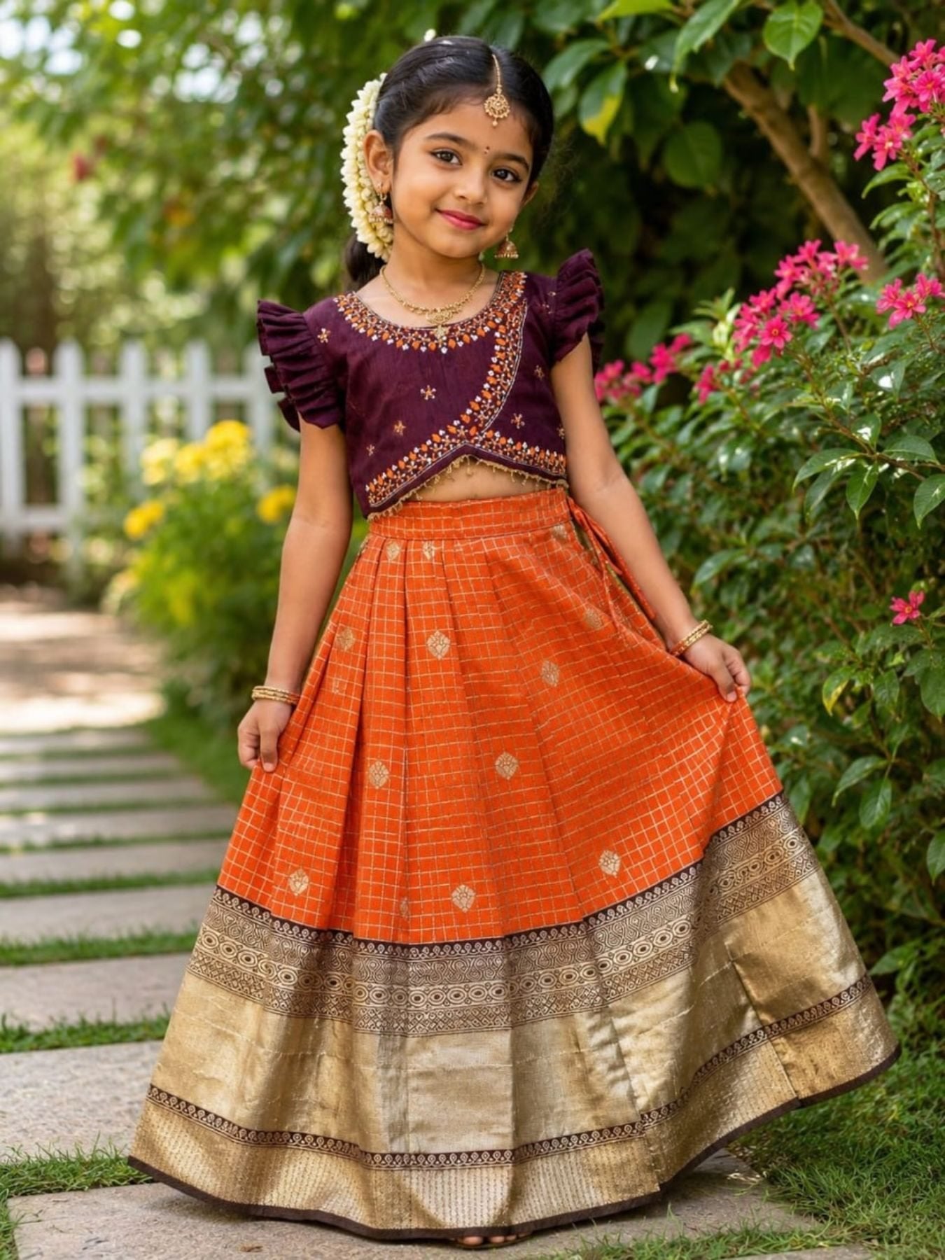 Brown South Indian Pattu Pavadai Lehenga Choli for Weddings and Festivals for women | Snyvia