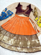 Orange Brown South Indian Pattu Pavadai Lehenga Choli for Weddings and Festivals full drape view