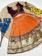 Orange Brown South Indian Pattu Pavadai Lehenga Choli for Weddings and Festivals blouse and dupatta detail