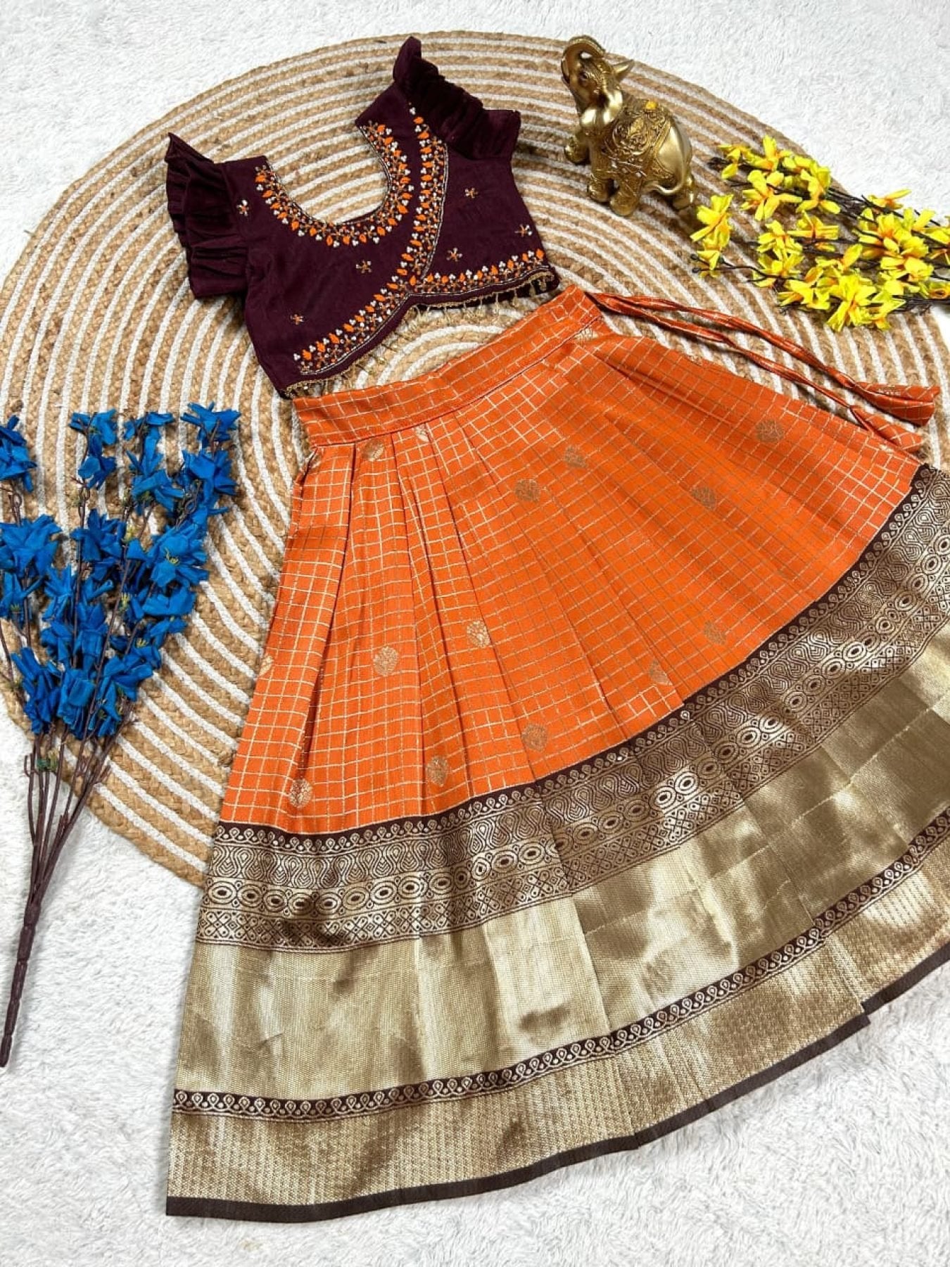Orange Brown South Indian Pattu Pavadai Lehenga Choli for Weddings and Festivals blouse and dupatta detail
