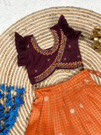 Orange Brown South Indian Pattu Pavadai Lehenga Choli for Weddings and Festivals embroidery close-up