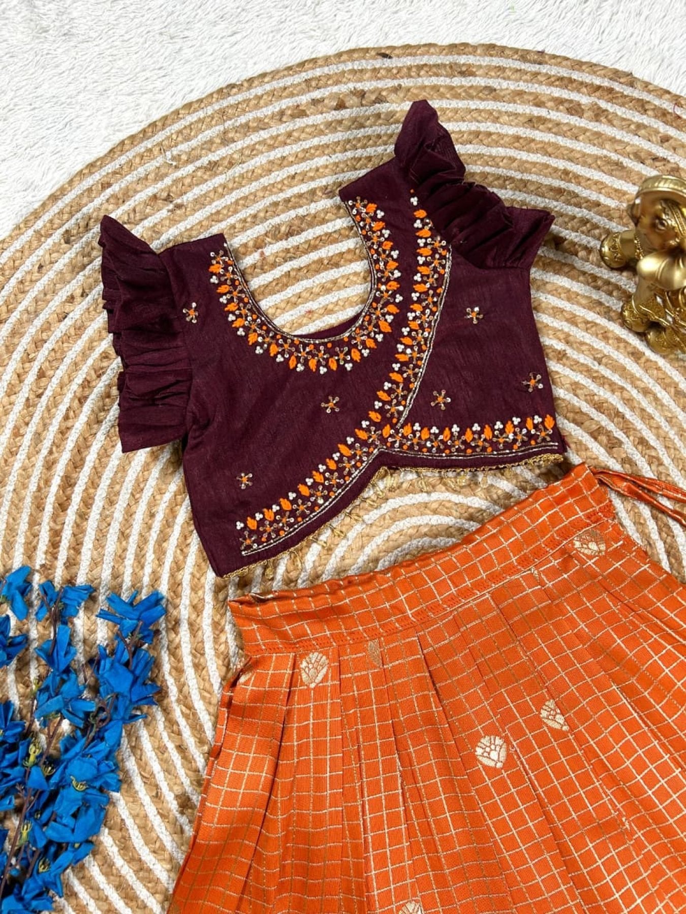 Orange Brown South Indian Pattu Pavadai Lehenga Choli for Weddings and Festivals embroidery close-up