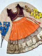 Orange Brown South Indian Pattu Pavadai Lehenga Choli for Weddings and Festivals full drape view