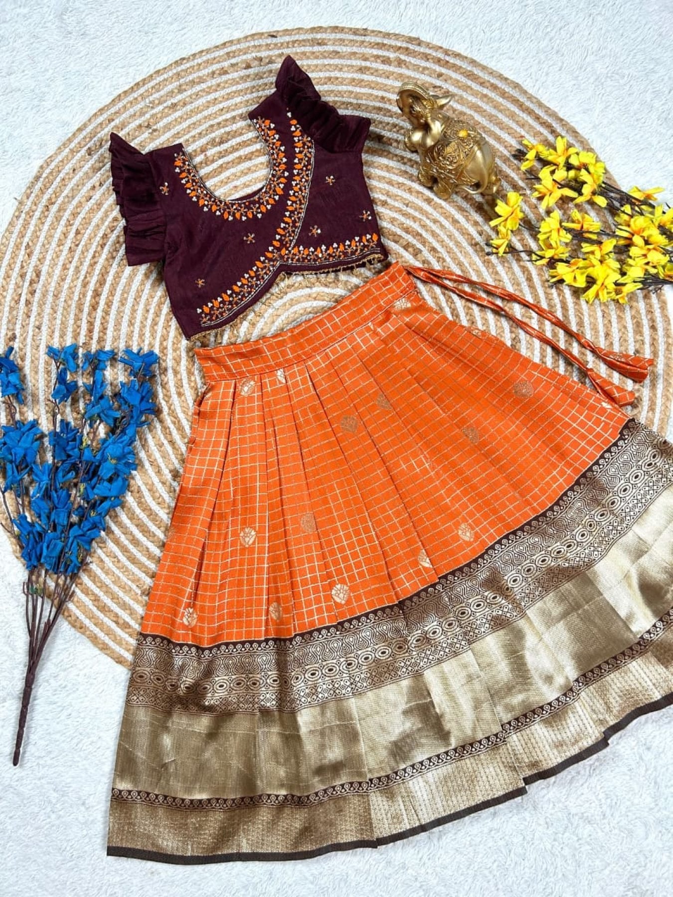 Orange Brown South Indian Pattu Pavadai Lehenga Choli for Weddings and Festivals full drape view