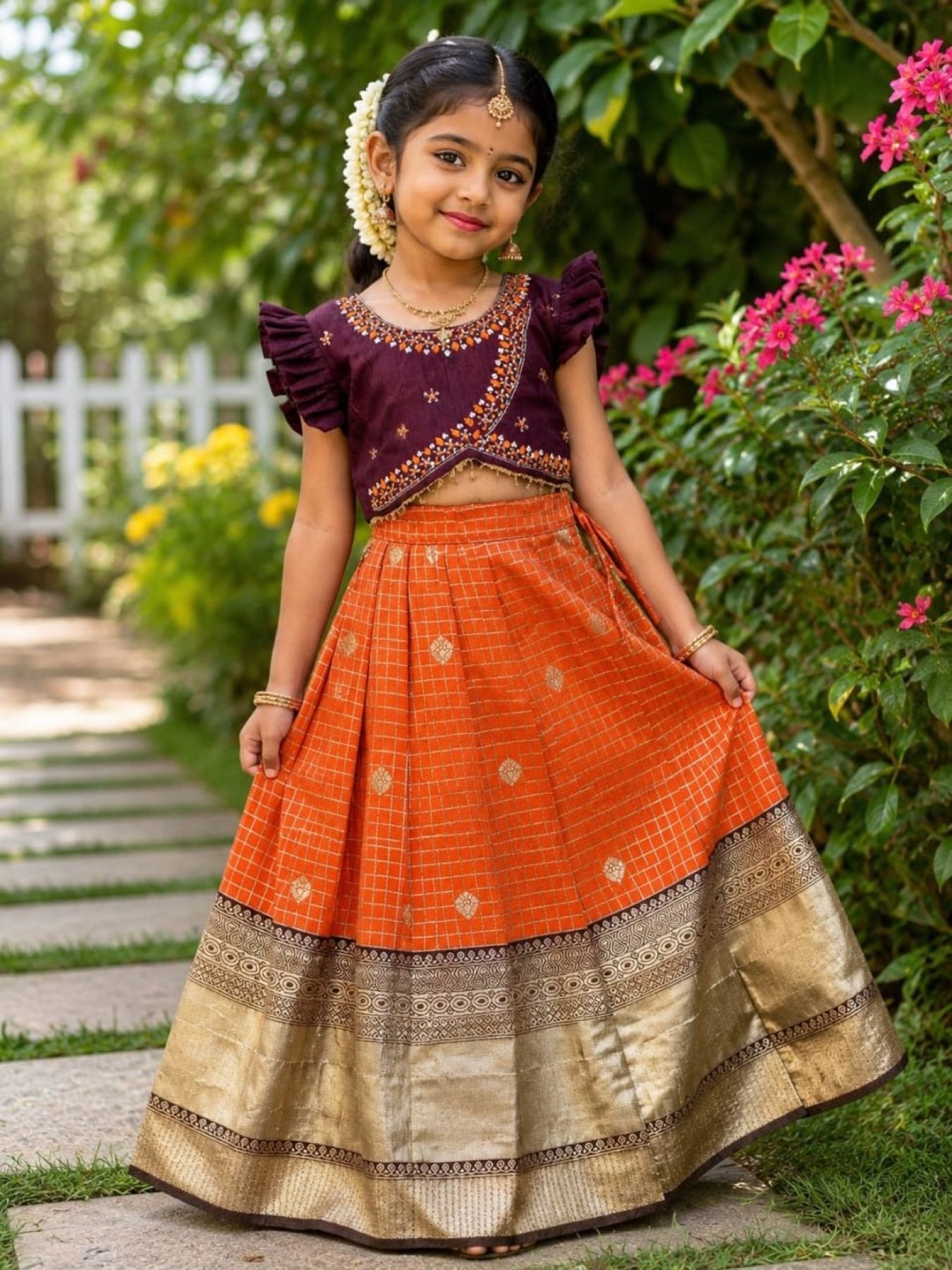 Orange Brown South Indian Pattu Pavadai Lehenga Choli for Weddings and Festivals blouse and dupatta detail