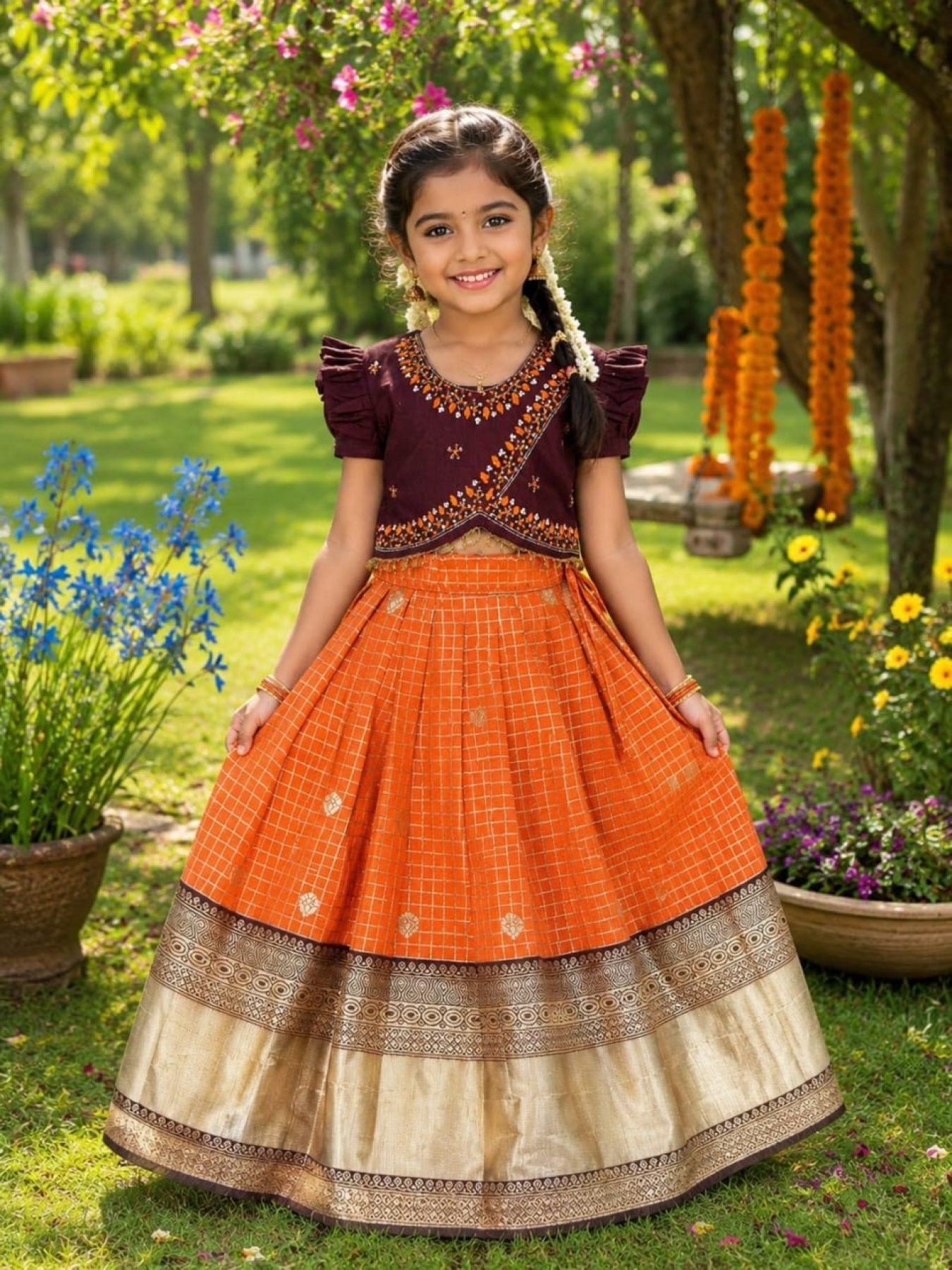 Orange Brown South Indian Pattu Pavadai Lehenga Choli for Weddings and Festivals embroidery close-up