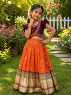 Orange Brown South Indian Pattu Pavadai Lehenga Choli for Weddings and Festivals fabric texture detail