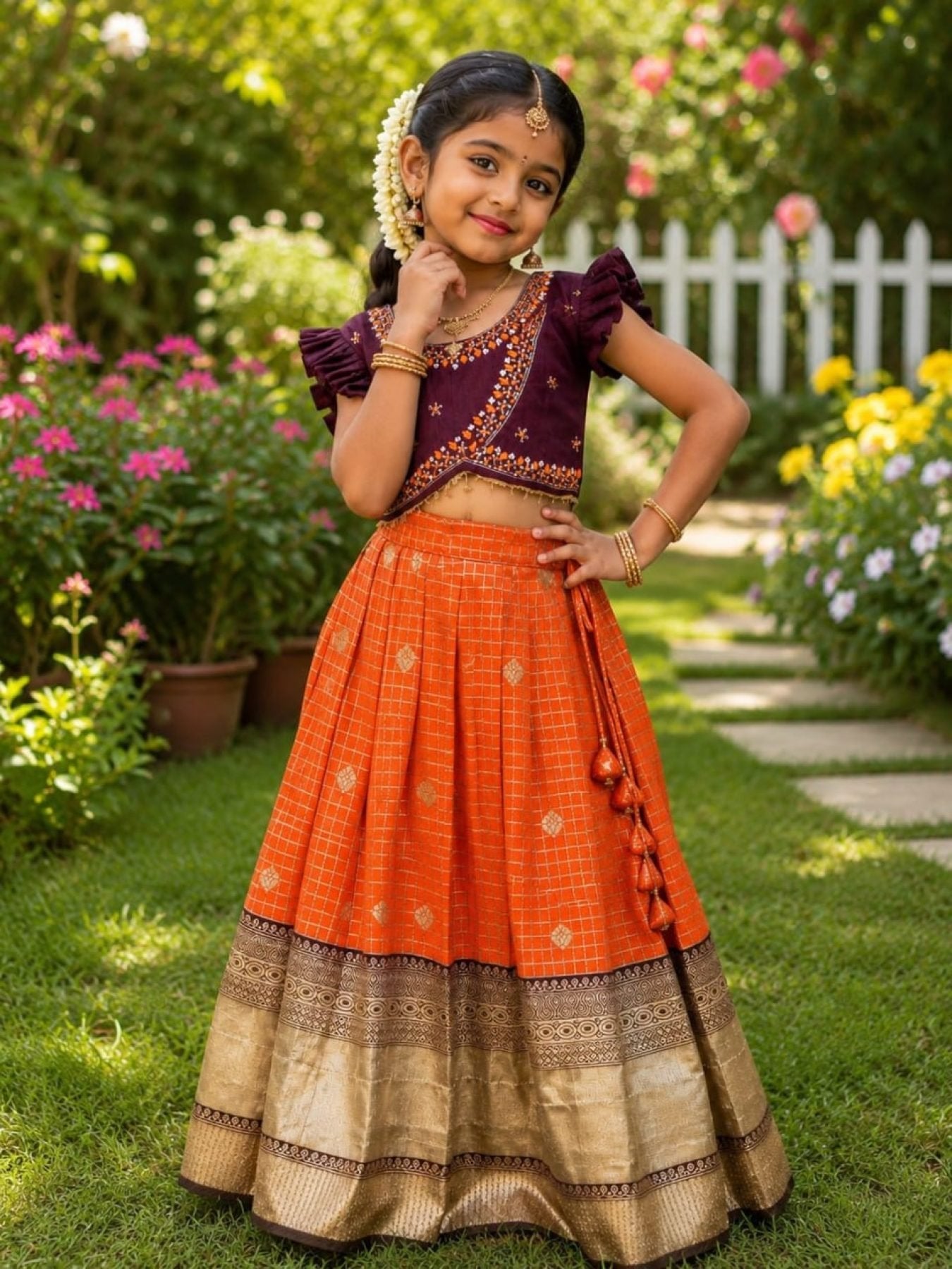 Orange Brown South Indian Pattu Pavadai Lehenga Choli for Weddings and Festivals fabric texture detail