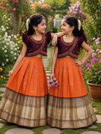 Orange Brown South Indian Pattu Pavadai Lehenga Choli for Weddings and Festivals back view