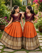 Orange Brown South Indian Pattu Pavadai Lehenga Choli for Weddings and Festivals styling view