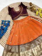 Orange Brown South Indian Pattu Pavadai Lehenga Choli for Weddings and Festivals front view
