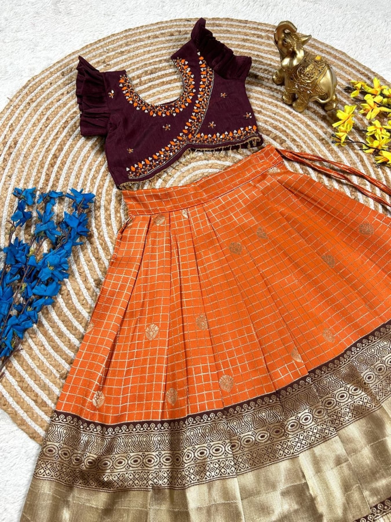 Orange Brown South Indian Pattu Pavadai Lehenga Choli for Weddings and Festivals front view