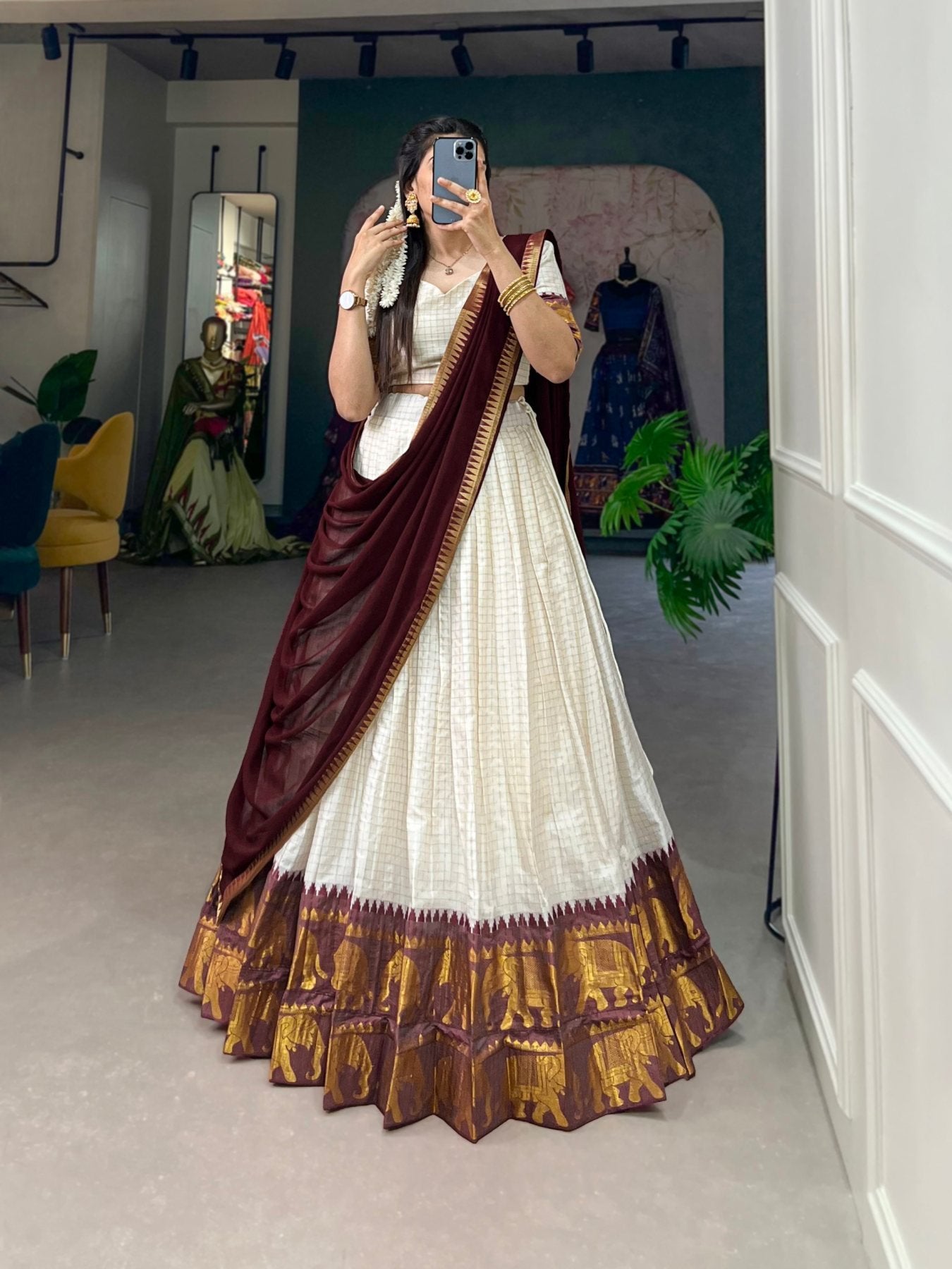 Poly Cotton Lehenga Choli with Traditional Zari Weaving for Festive Wear blouse and dupatta detail