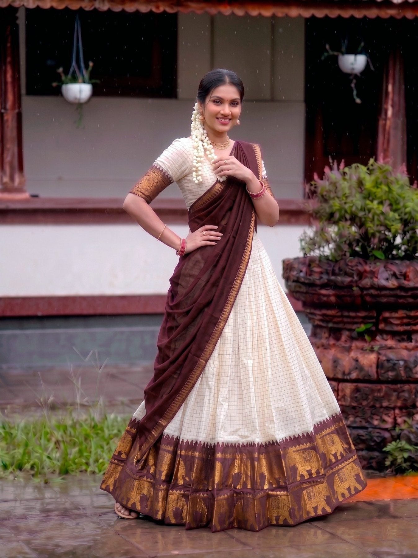 Poly Cotton Lehenga Choli with Traditional Zari Weaving for Festive Wear fabric texture detail