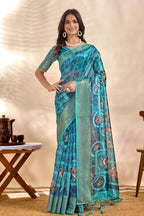 This elegant teal blue soft Saree