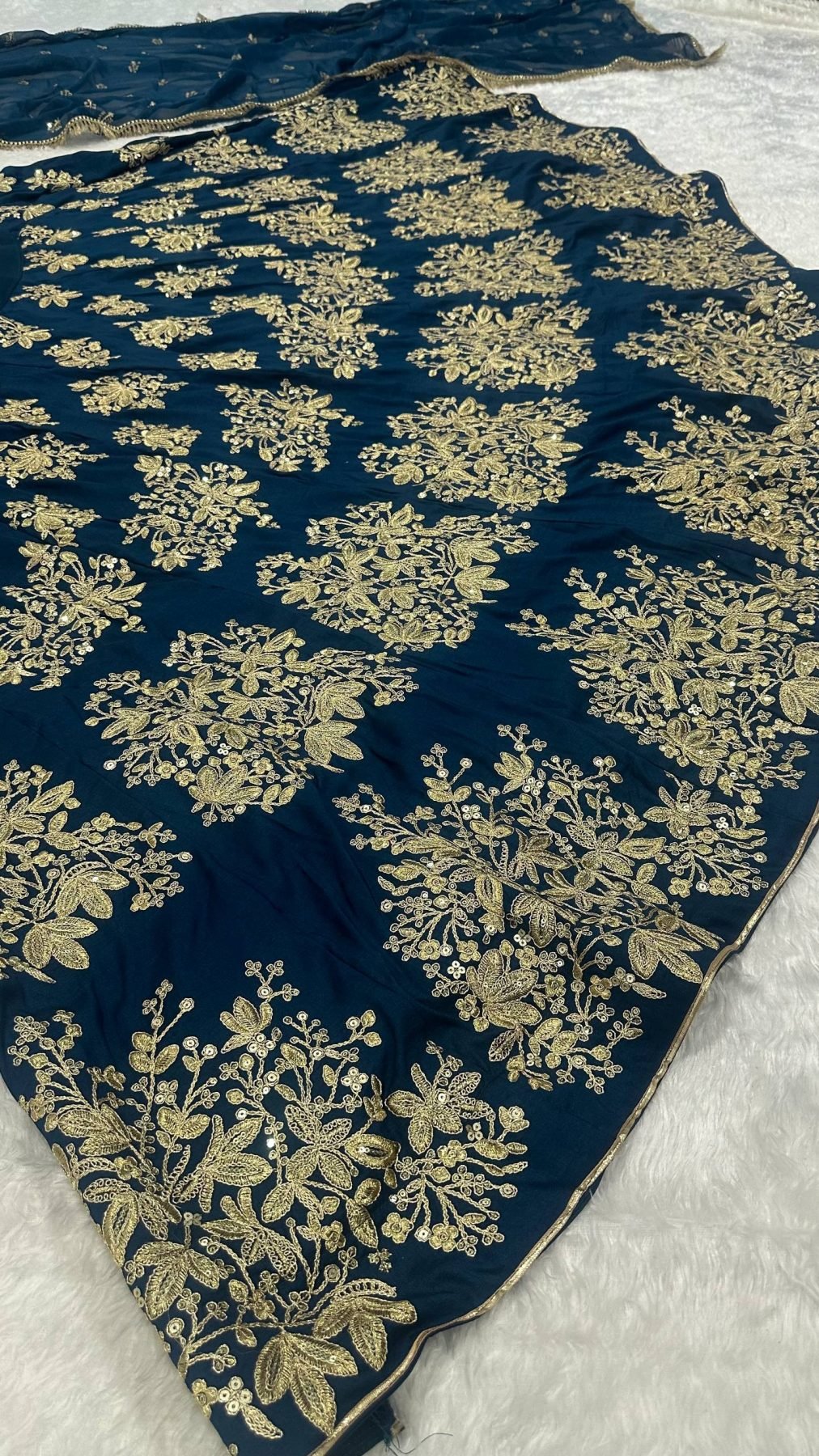 Calzora Polo Silk Lehenga with Zari Work and Tabby Dupatta for Grand Celebr full drape view