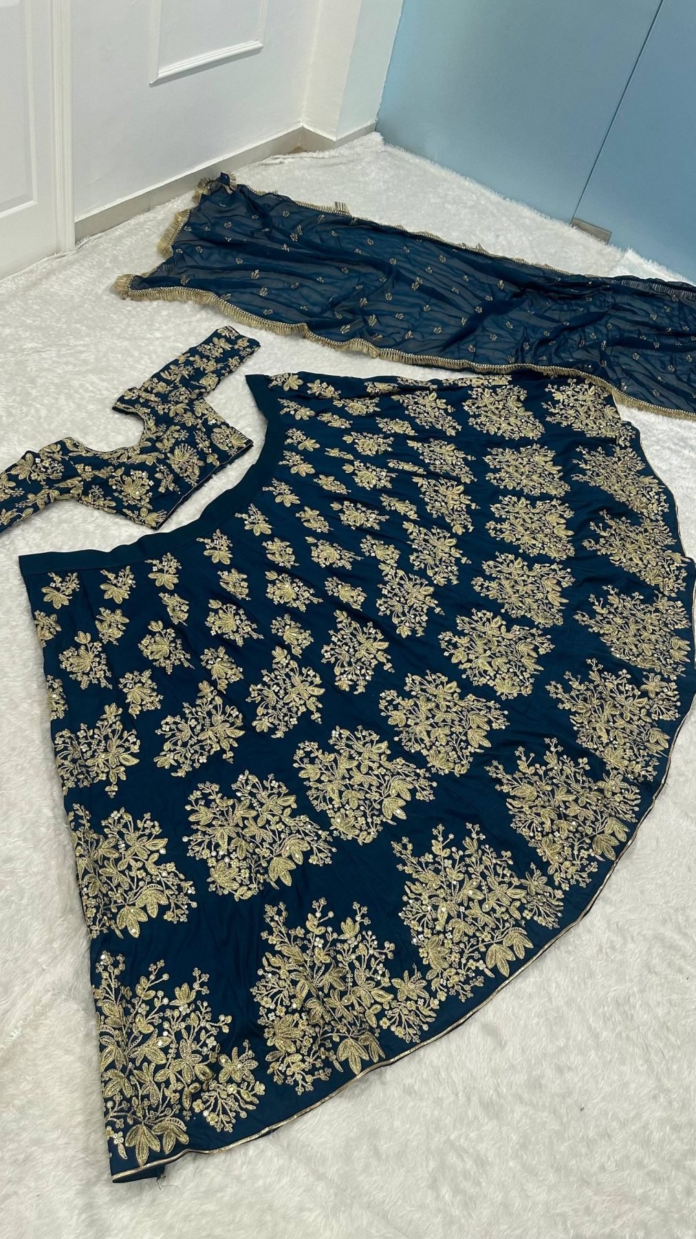 Calzora Polo Silk Lehenga with Zari Work and Tabby Dupatta for Grand Celebr blouse and dupatta detail