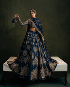 Calzora Polo Silk Lehenga with Zari Work and Tabby Dupatta for Grand Celebr full drape view