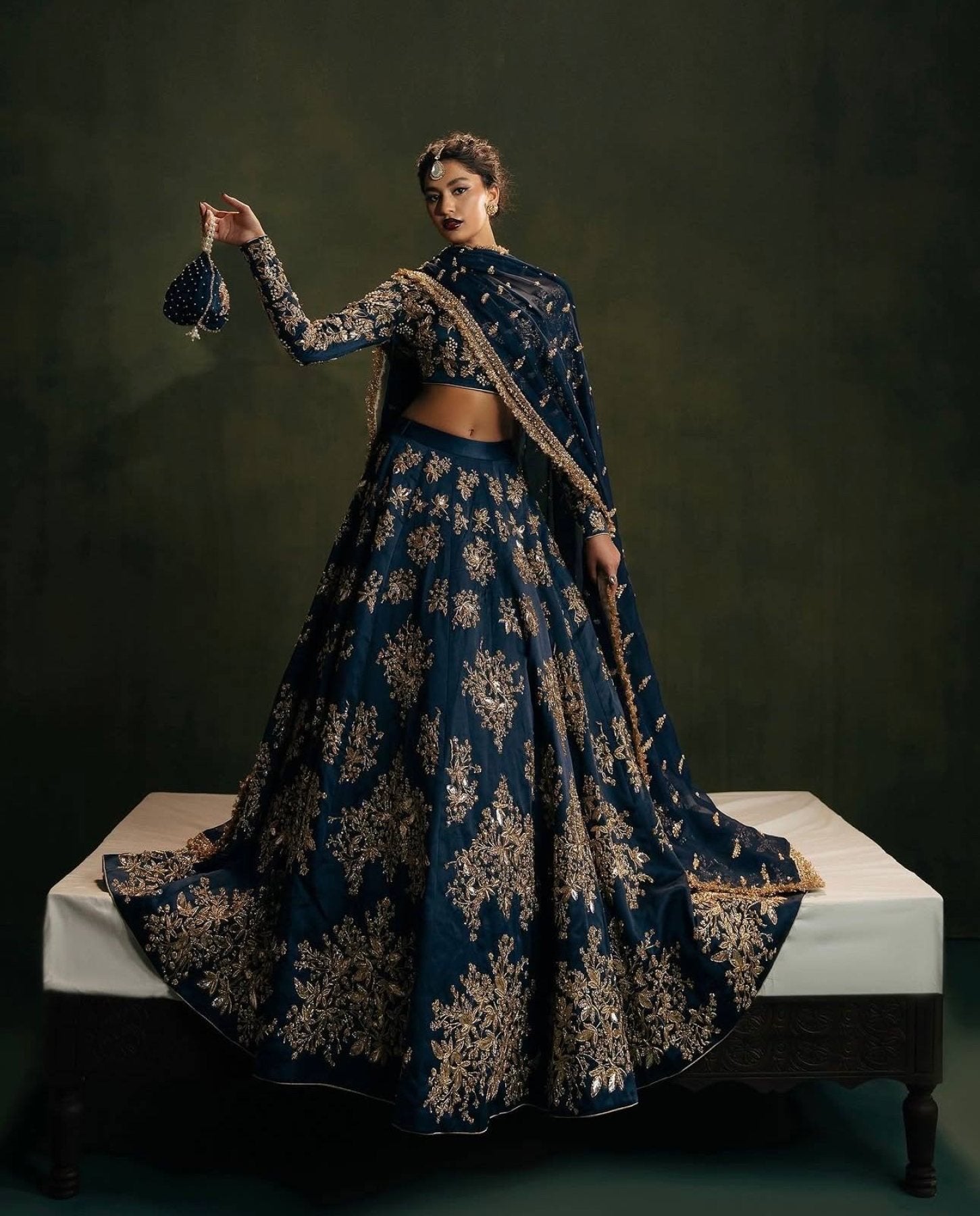 Calzora Polo Silk Lehenga with Zari Work and Tabby Dupatta for Grand Celebr full drape view