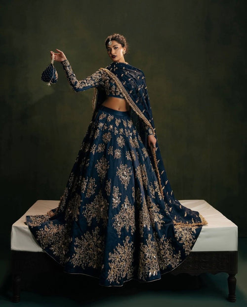 Calzora Polo Silk Lehenga with Zari Work and Tabby Dupatta for Grand Celebr full drape view