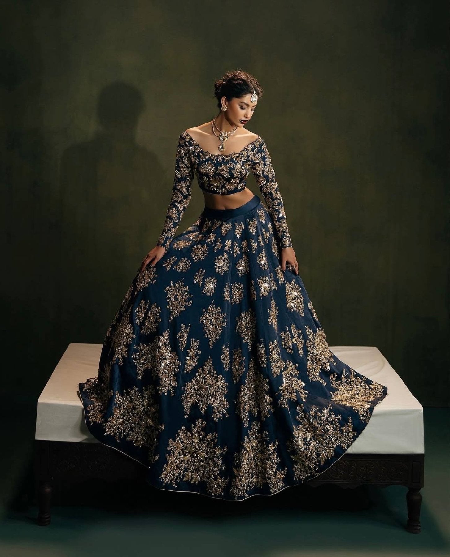 Calzora Polo Silk Lehenga with Zari Work and Tabby Dupatta for Grand Celebr blouse and dupatta detail