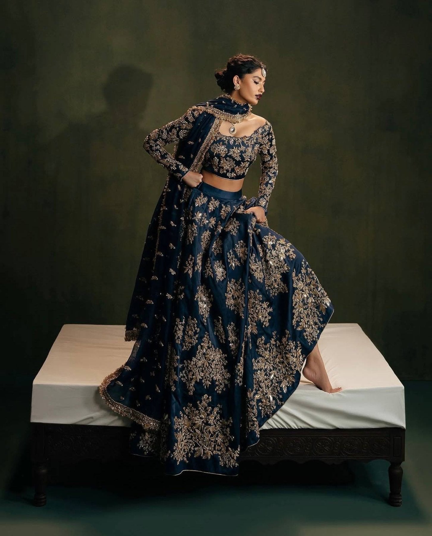Calzora Polo Silk Lehenga with Zari Work and Tabby Dupatta for Grand Celebr fabric texture detail