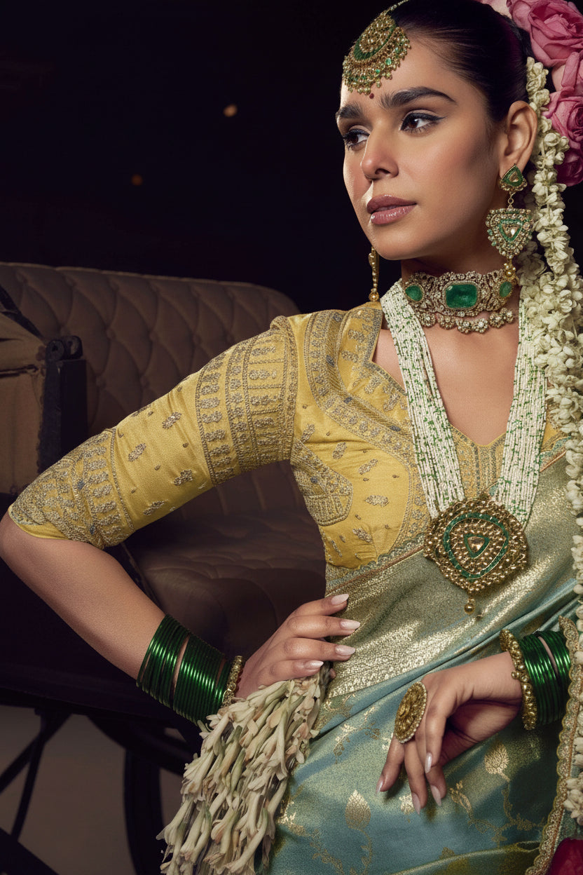 Blue Banarasi Saree - side drape view