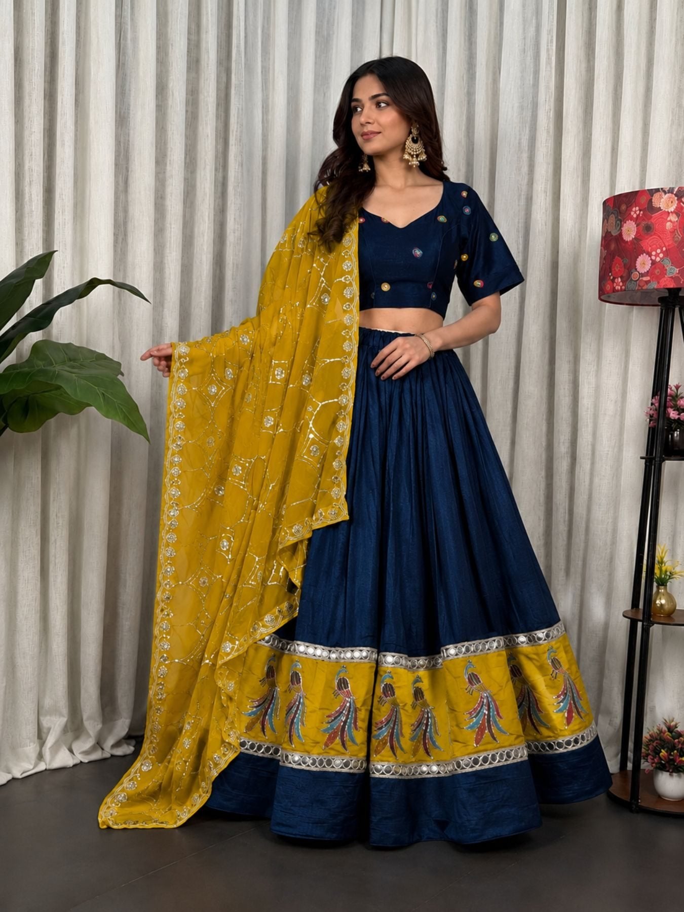 Blue Pure Blooming Vichitra Silk Lehenga Set with Heavy Embroidery Foil Mir styling view