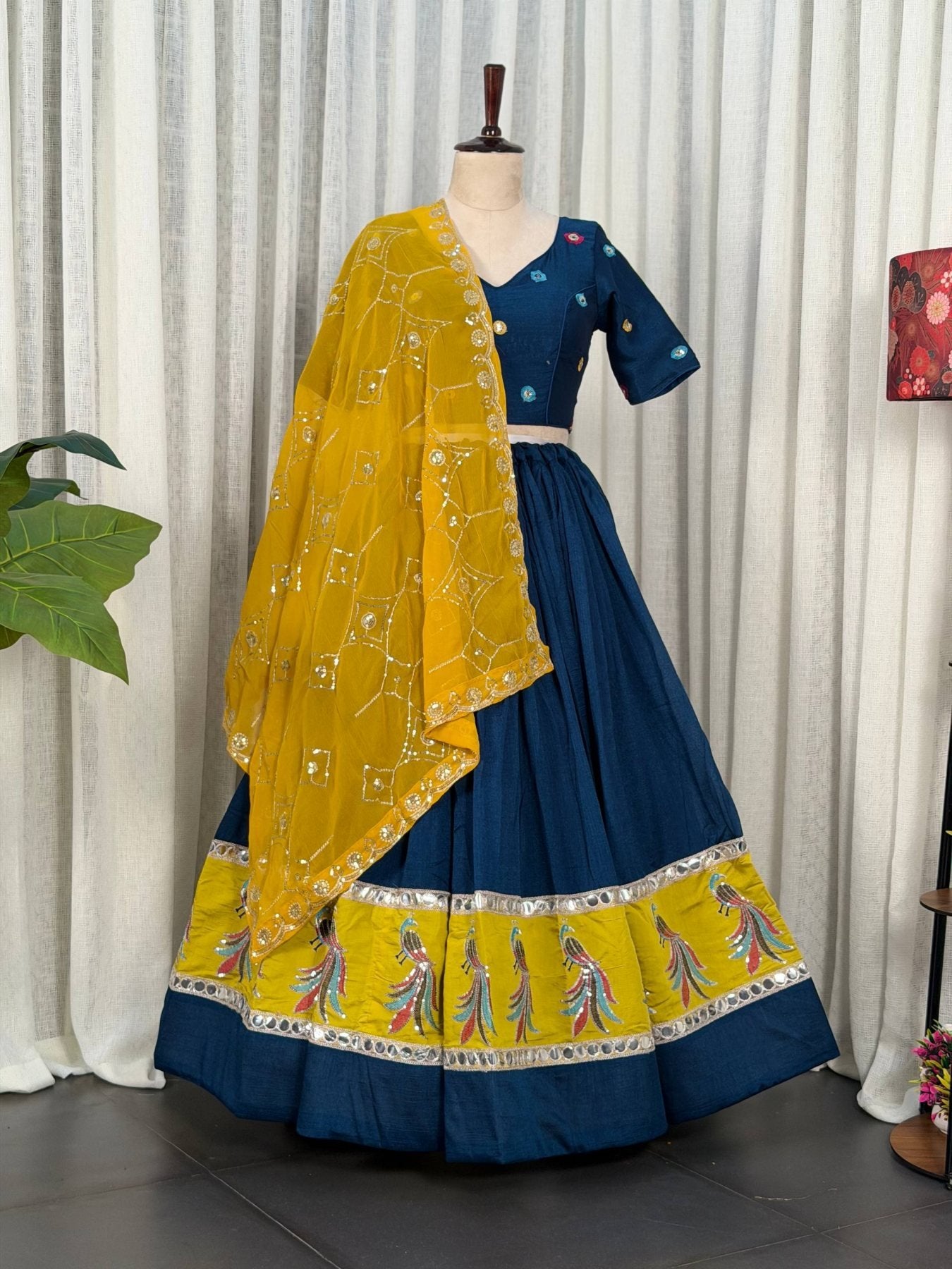 Blue Pure Blooming Vichitra Silk Lehenga Set with Heavy Embroidery Foil Mir front view