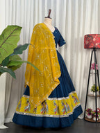 Blue Pure Blooming Vichitra Silk Lehenga Set with Heavy Embroidery Foil Mir full drape view