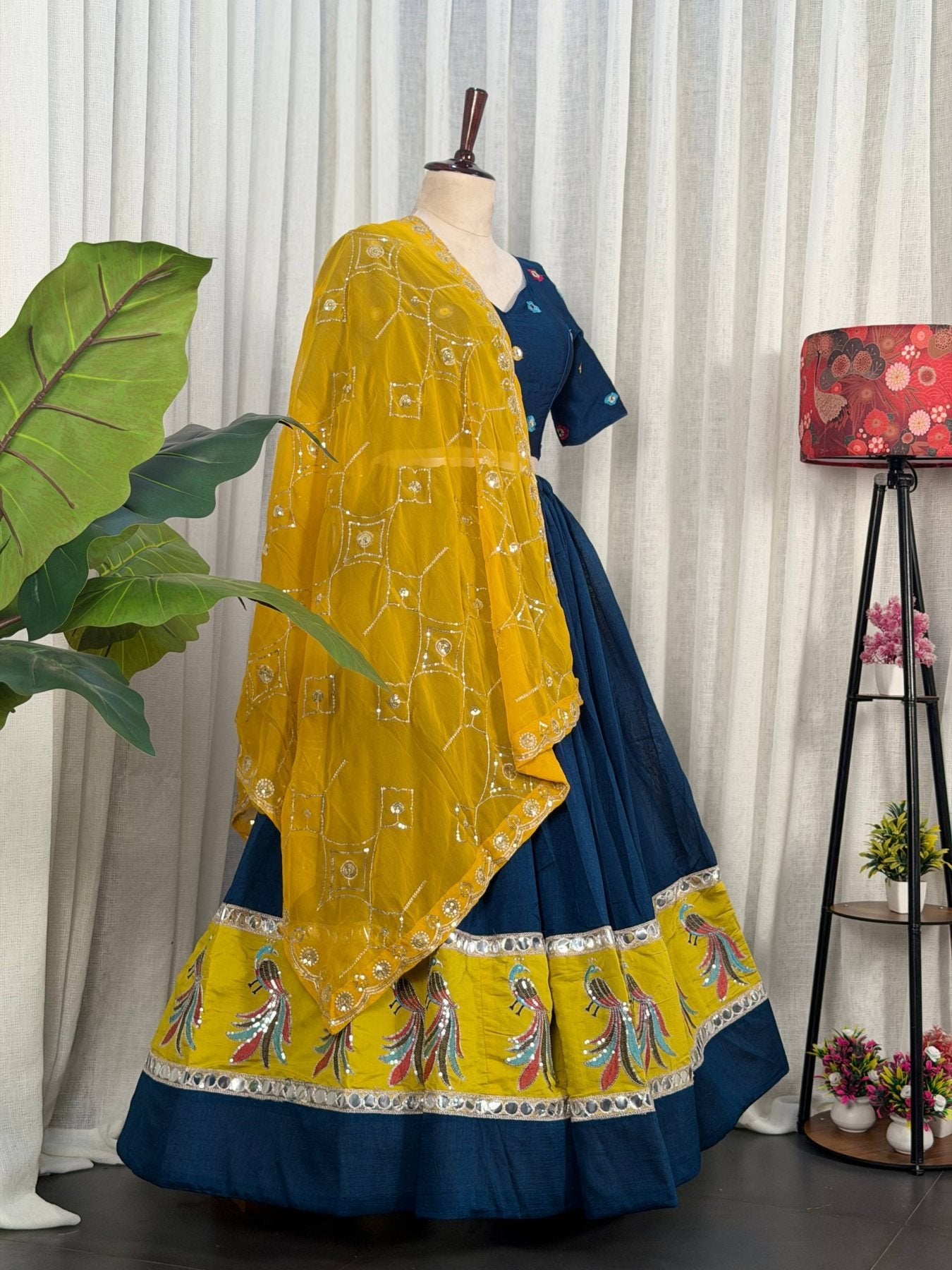 Blue Pure Blooming Vichitra Silk Lehenga Set with Heavy Embroidery Foil Mir full drape view
