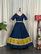 Blue Pure Blooming Vichitra Silk Lehenga Set with Heavy Embroidery Foil Mir blouse and dupatta detail