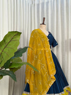 Blue Pure Blooming Vichitra Silk Lehenga Set with Heavy Embroidery Foil Mir fabric texture detail