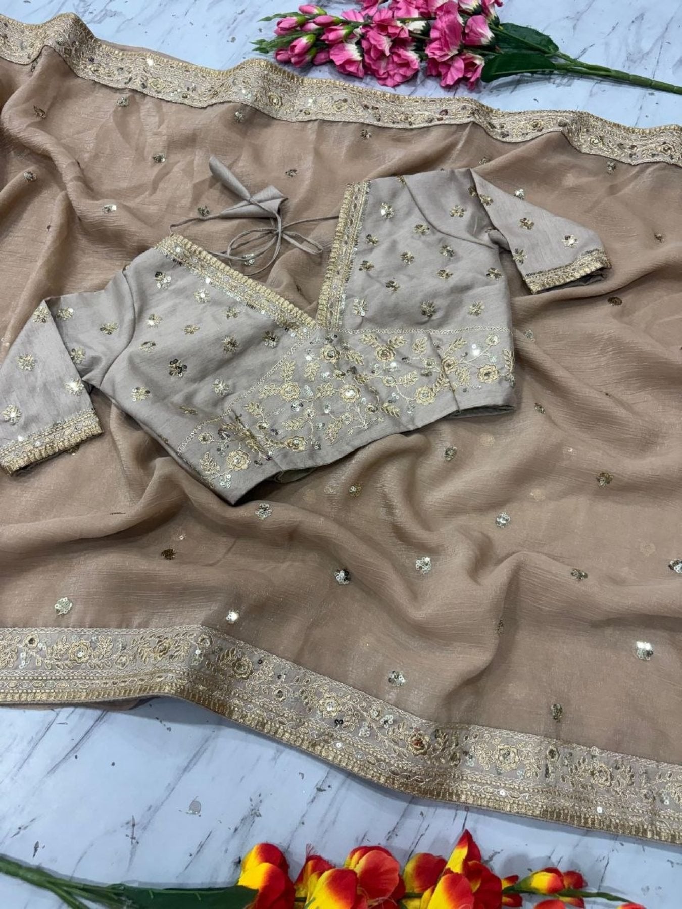 Golden Saree - Sequins embroidery work detail