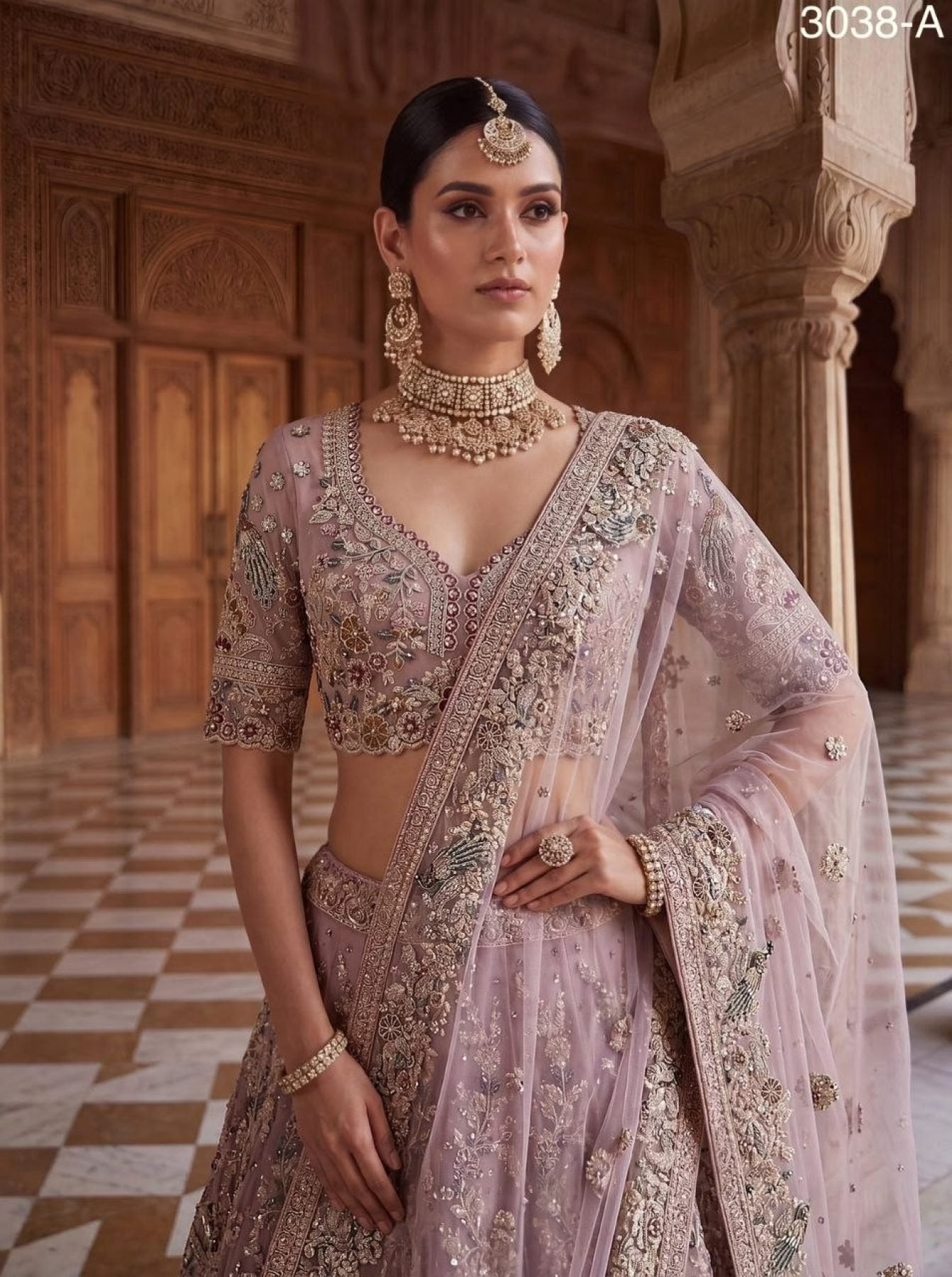 Net Lehenga Choli with Heavy Sequins and Cotton Thread Work styling view