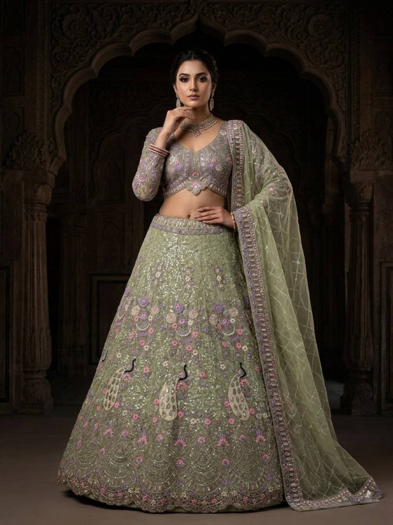 Butterfly Net Coding Sequins Lehenga full drape view
