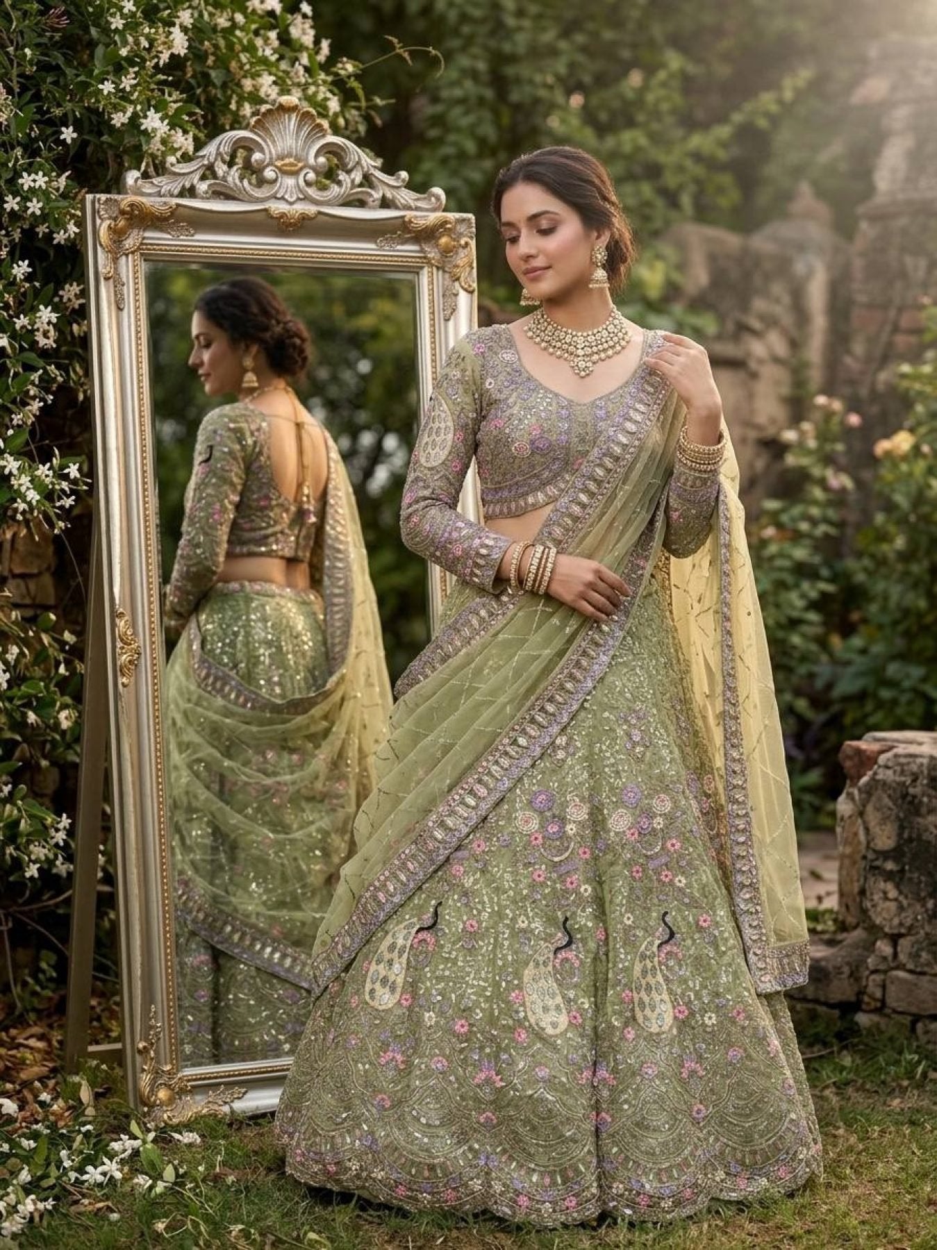 Butterfly Net Coding Sequins Lehenga blouse and dupatta detail