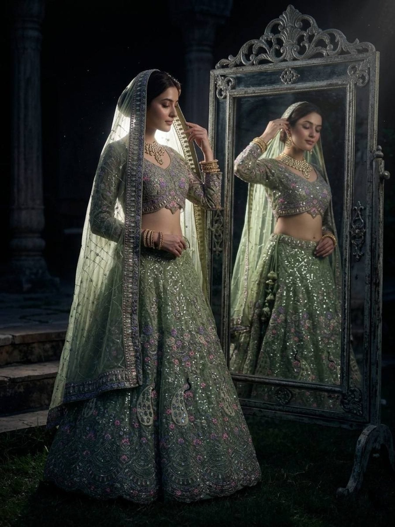 Butterfly Net Coding Sequins Lehenga embroidery close-up
