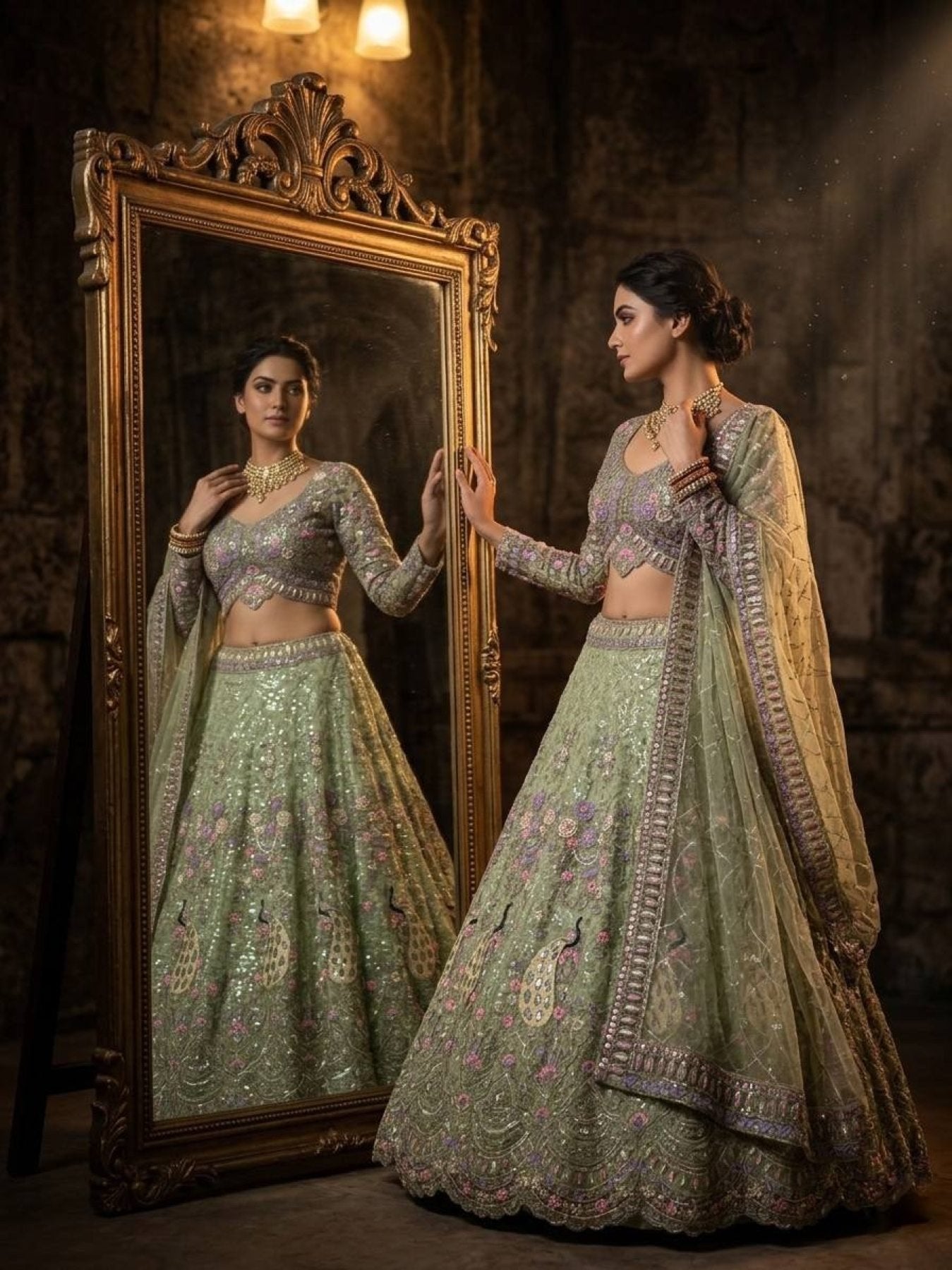 Butterfly Net Coding Sequins Lehenga front view