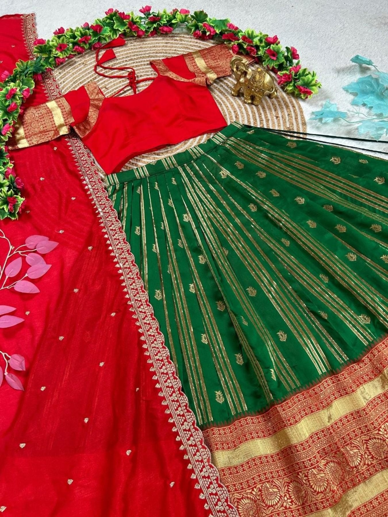 Charismatic Green Kanchipuram Silk Lehenga with Contrast Blouse And Dupatta full drape view