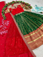 Charismatic Green Kanchipuram Silk Lehenga with Contrast Blouse And Dupatta fabric texture detail