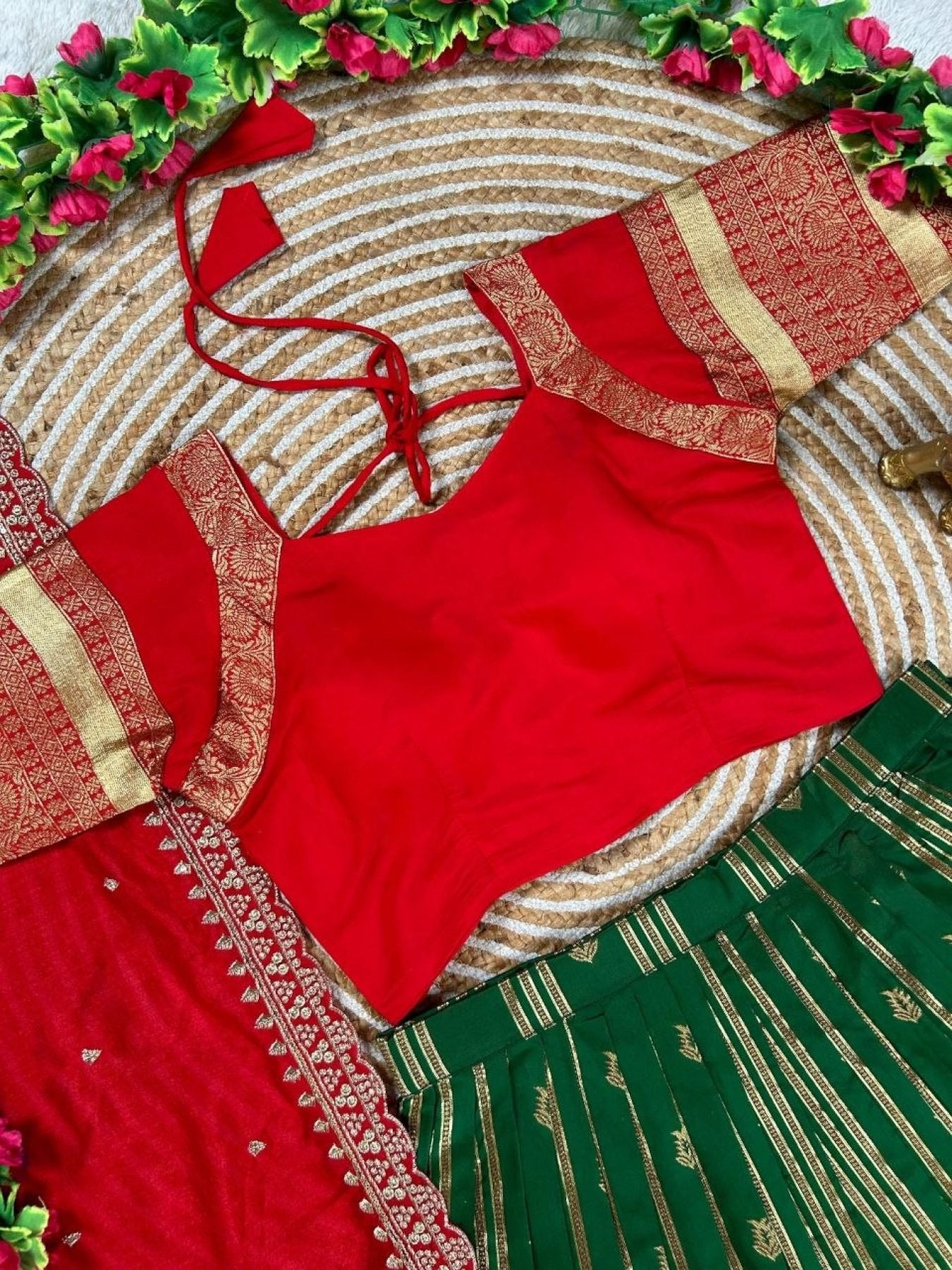 Charismatic Green Kanchipuram Silk Lehenga with Contrast Blouse And Dupatta back view