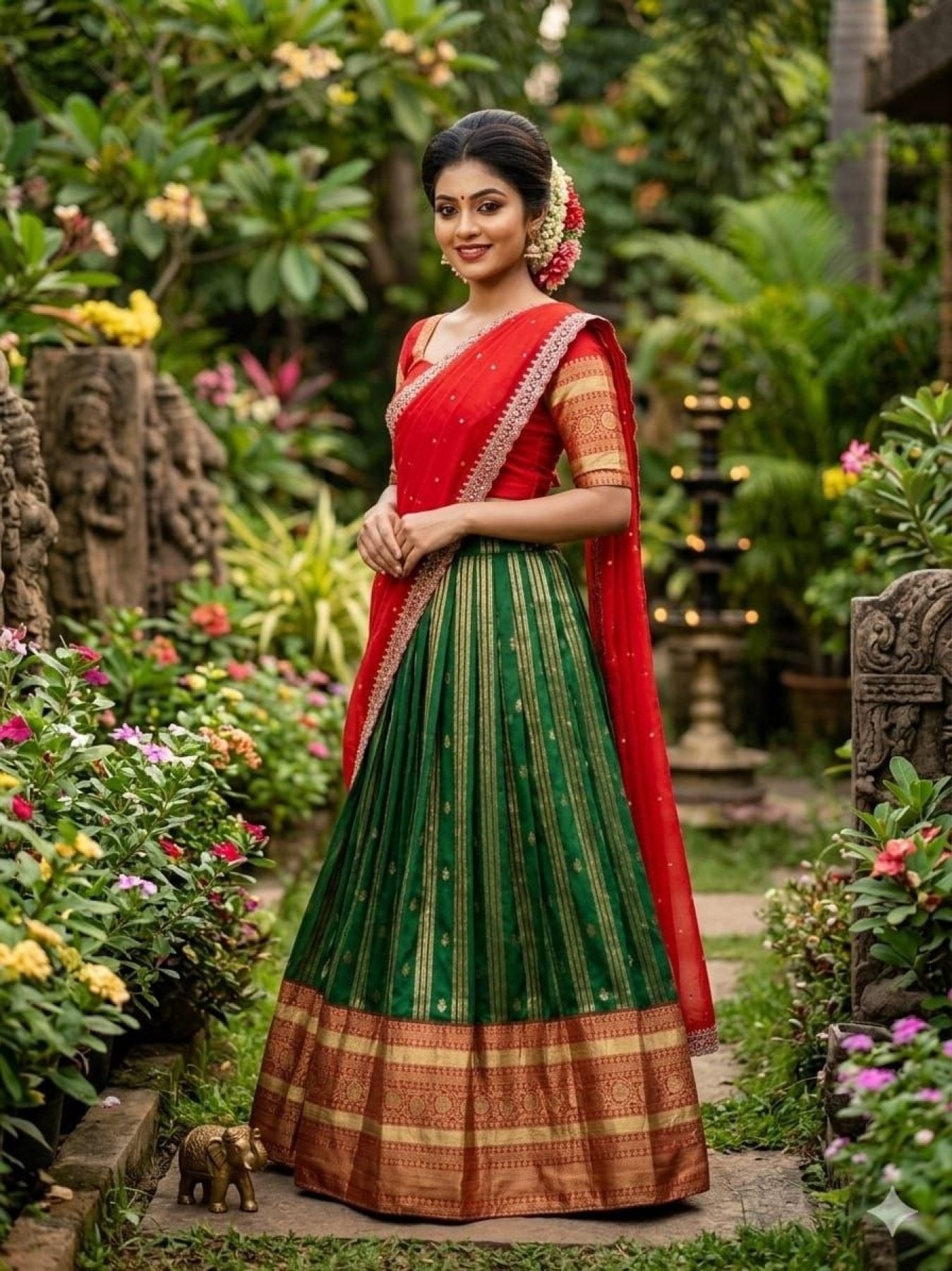 Charismatic Green Kanchipuram Silk Lehenga with Contrast Blouse And Dupatta full drape view