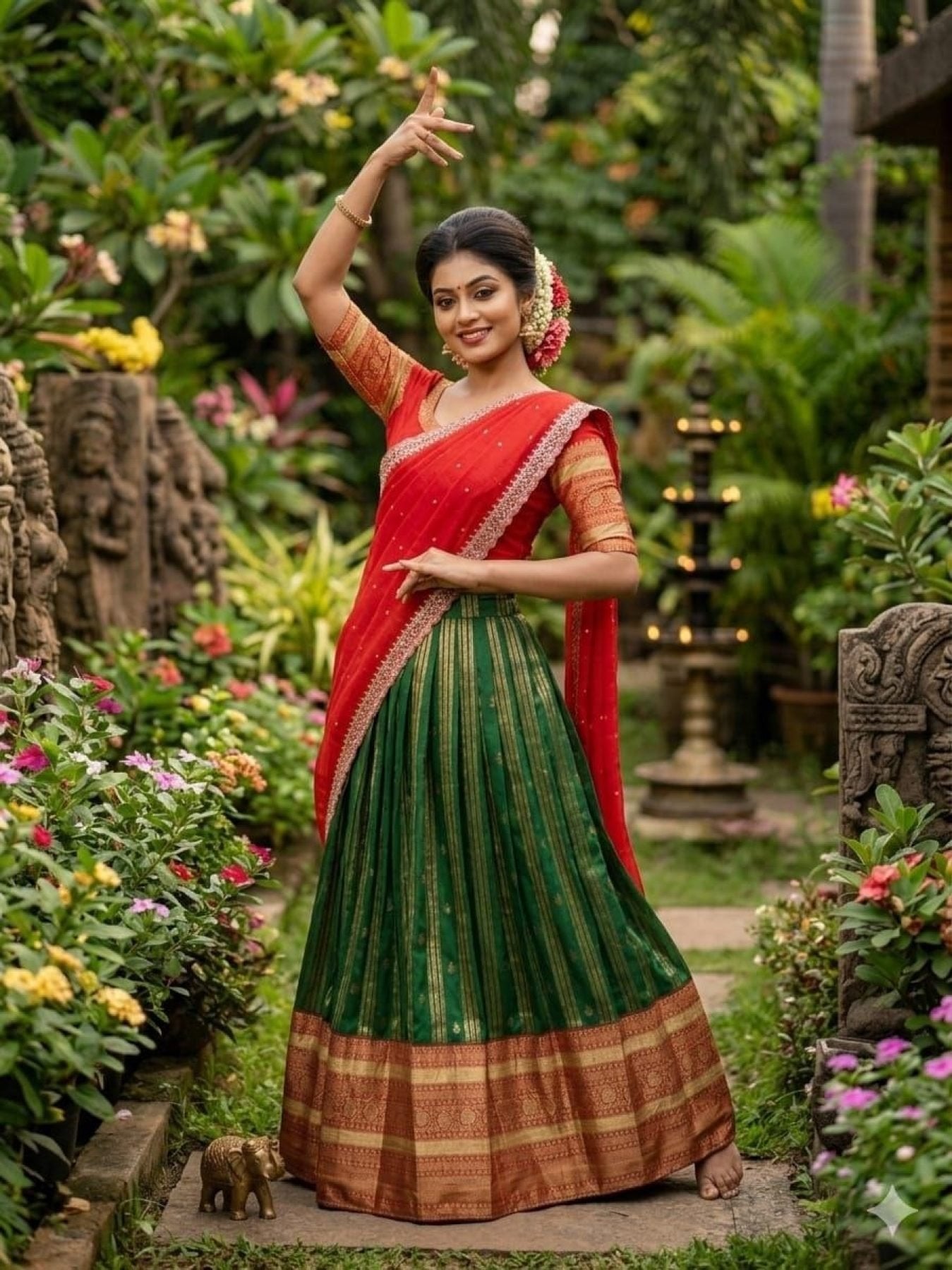 Charismatic Green Kanchipuram Silk Lehenga with Contrast Blouse And Dupatta embroidery close-up