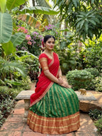 Charismatic Green Kanchipuram Silk Lehenga with Contrast Blouse And Dupatta fabric texture detail
