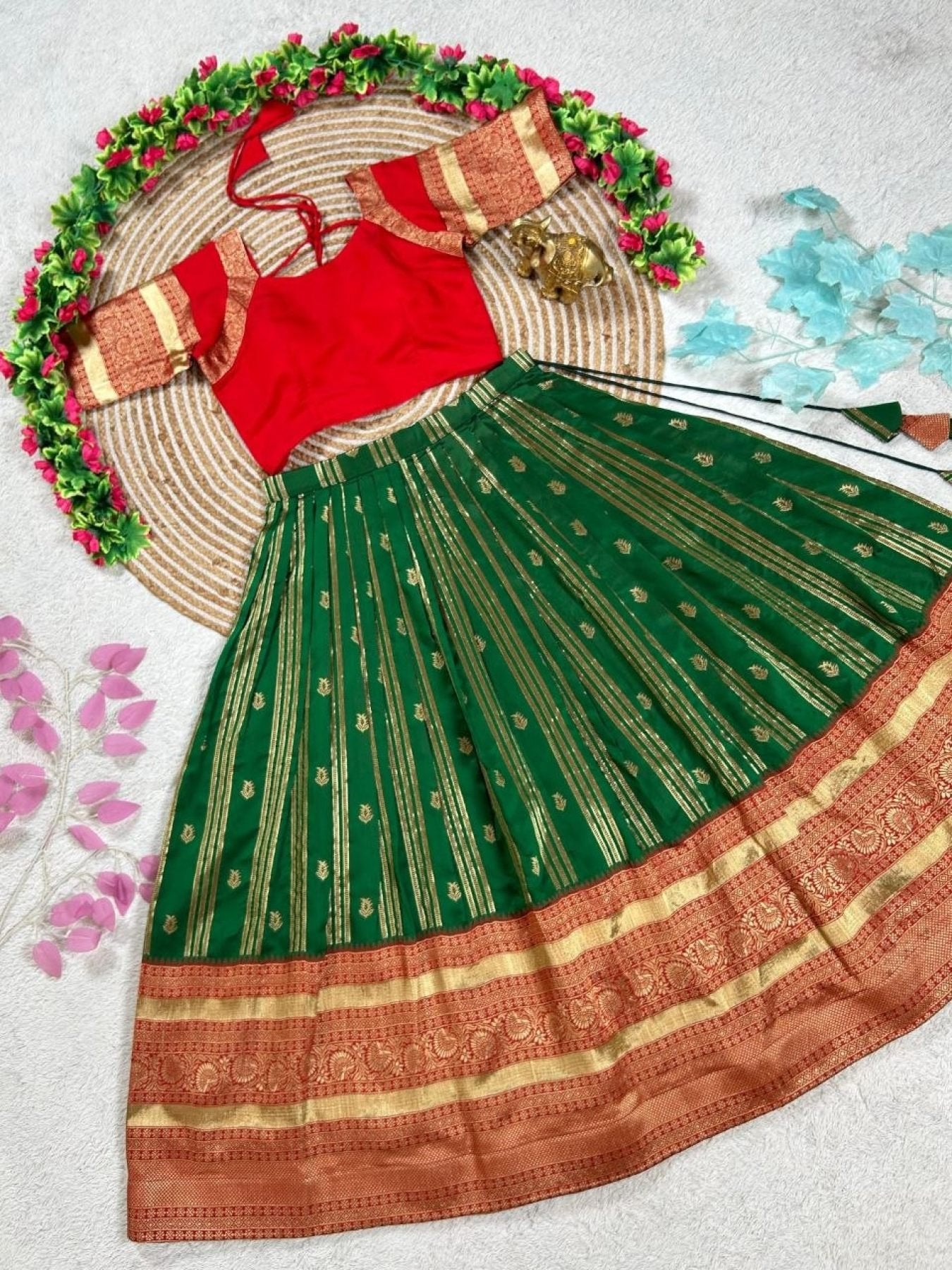 Charismatic Green Kanchipuram Silk Lehenga with Contrast Blouse And Dupatta back view