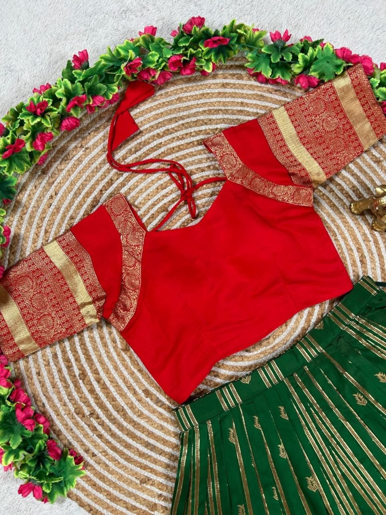 Charismatic Green Kanchipuram Silk Lehenga with Contrast Blouse And Dupatta styling view