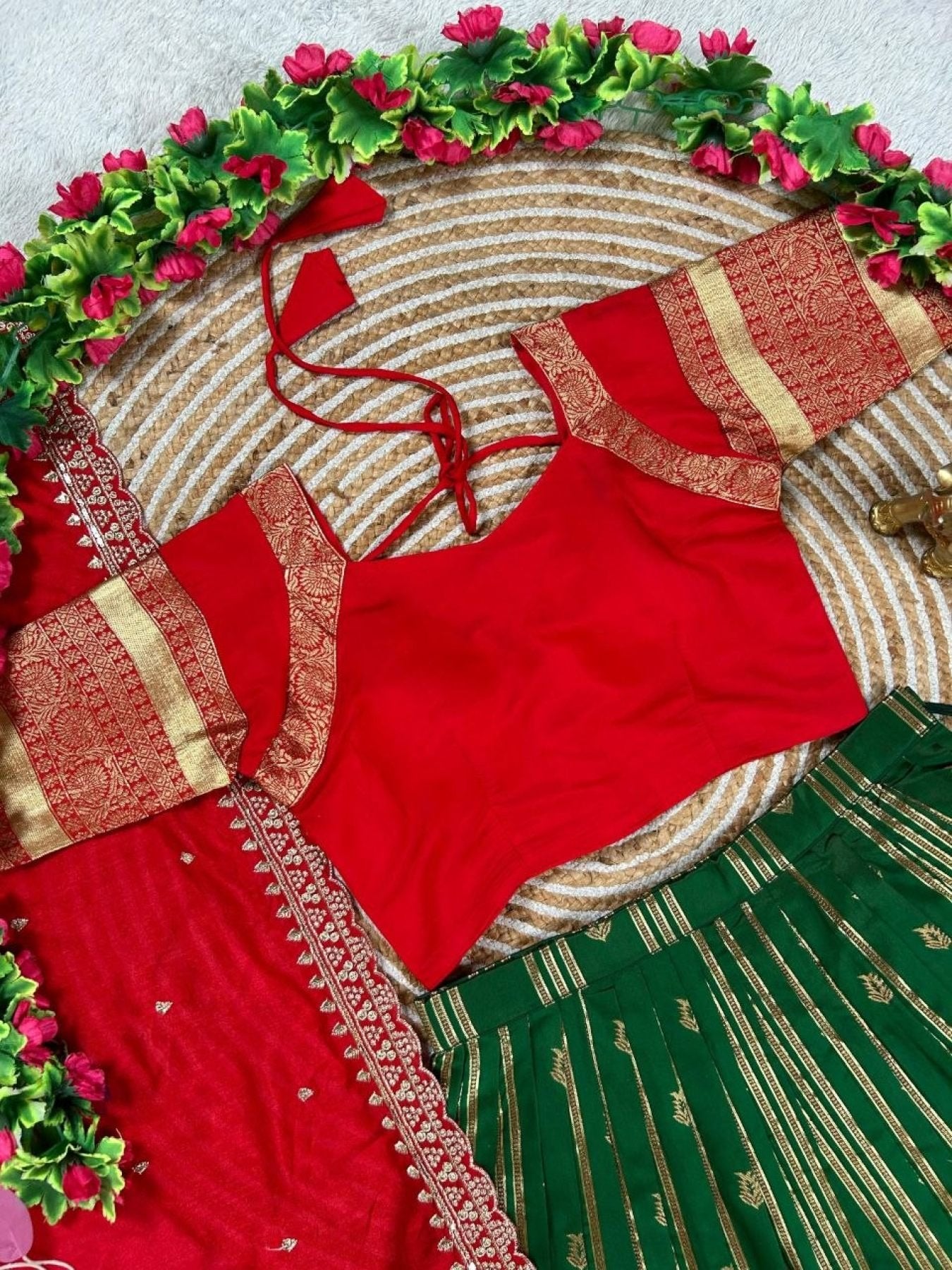 Charismatic Green Kanchipuram Silk Lehenga with Contrast Blouse And Dupatta front view