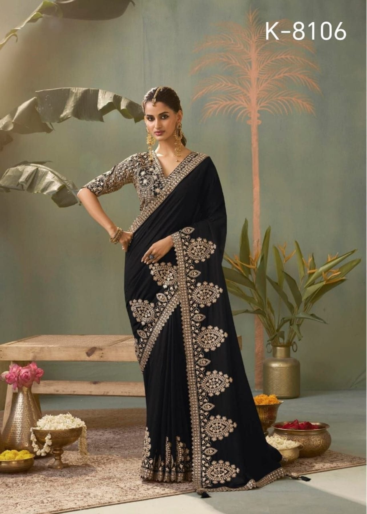 Black Silk Saree - side drape view
