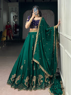 Green Rangoli Silk Lehenga Set with Thread Work full drape view